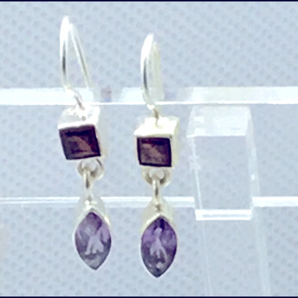 .925 Sterling Silver Garnet Amethyst Drop Earrings - Picture 3 of 8